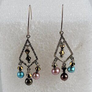 Sterling Silver 925 Multicolor Pearls Crystal Chandelier Earrings 1.5" Hook